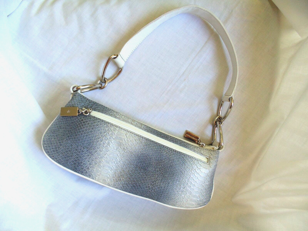 Designer DONALD J PLINER Clutch Bag Handbag Purse Gray White Silver Snakeskin
